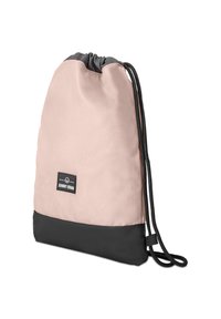 Látkový batoh na sťahovanie vo svetloružovej a čiernej farbe, s hladkou textúrou, okrúhlym tvarom a logom na spodnej strane.