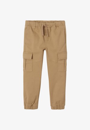 Beige Cargo-Hosen mit elastischem Bund, verstellbarem Kordelzug und zwei Seitentaschen. Der Stoff ist weich und leicht strukturiert.