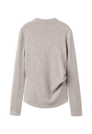 Gray long-sleeve top with a rounded neckline, featuring a draped back detail and soft, textured fabric.