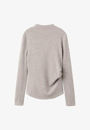 Gray long-sleeve top with a rounded neckline, featuring a draped back detail and soft, textured fabric.