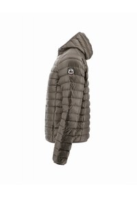 Gevoerde hoodie-jack in taupe, met een doorgestikt ontwerp, een gladde textuur en een logo-patch op de bovenarm. Lichtgewicht en geïsoleerd.