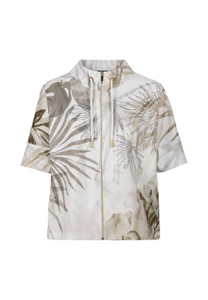 Korte mouwen ritsjack met tropische bladprint in neutrale tinten en strassteendecoraties, voorzien van een kraag met trekkoord en gouden metalen uiteinden.