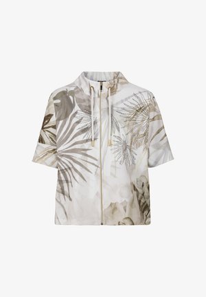Korte mouwen ritsjack met tropische bladprint in neutrale tinten en strassteendecoraties, voorzien van een kraag met trekkoord en gouden metalen uiteinden.