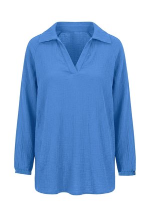 Sininen pitkähihaisen pusero, jossa on teksturoitu kangas, avoin kaulus ja joustavat hihansuut, esitetty valkoisella taustalla.