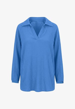 Sininen pitkähihaisen pusero, jossa on teksturoitu kangas, avoin kaulus ja joustavat hihansuut, esitetty valkoisella taustalla.