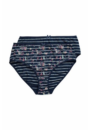 Zwei dunkelblaue Damen-Slips mit weißen horizontalen Streifen, eines komplett gestreift und eines mit Blumenmuster und kleinem Schleifchen am Bund.