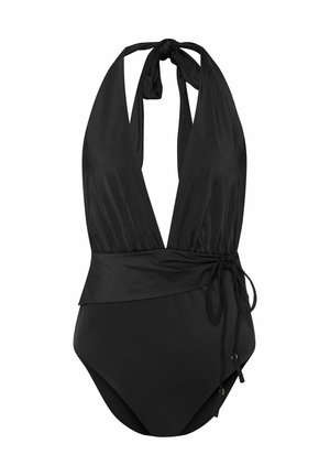 Black one-piece swimsuit with halter neck, deep V-neckline, gathered fabric, wrap-style waist, adjustable tie, and gold-tone accents.