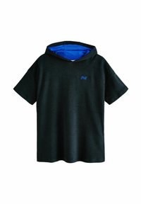 Schwarze Kurzarm-Hoodie mit blauem Innenfutter der Kapuze und einem kleinen blauen Logo auf der Brust. Aus weichem Stoff gefertigt und mit einer lockeren Passform.