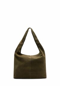 Olijfgroen suède hobo tas met een enkele schouderriem, zachte textuur, afgeronde bovenkant en minimalistisch ontwerp. Heeft een centrale naaddetail.