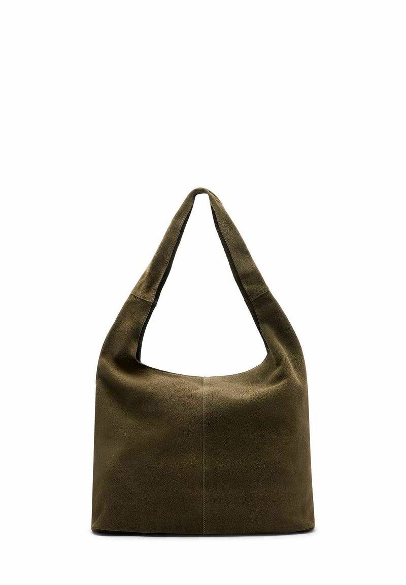 Olijfgroen suède hobo tas met een enkele schouderriem, zachte textuur, afgeronde bovenkant en minimalistisch ontwerp. Heeft een centrale naaddetail.