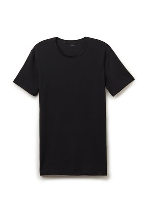 Schwarzes, kurzärmliges T-Shirt aus weicher Baumwolle. Es hat einen runden Halsausschnitt mit einer glatten Textur und eine lässige Passform. Keine sichtbaren Muster oder Akzente.