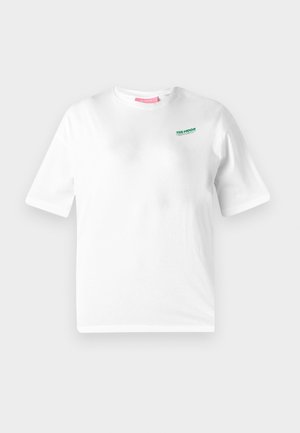 T-shirt en coton blanc à manches courtes. Il arbore un logo vert sur la poitrine avec l'inscription "THE MOON". Design classique à col rond.