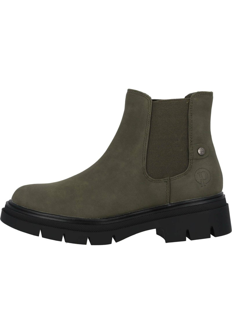 Oliwkowe zamszowe botki Chelsea z elastycznymi panelami po bokach i okrągłym noskiem. Czarna gumowa podeszwa z głębokim bieżnikiem. Logo na pięcie.