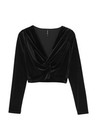 Top cropped in velluto nero con maniche lunghe, caratterizzato da una profonda scollatura a V e un design frontale attorcigliato. Texture morbida, finitura elegante.