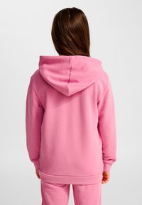 Rosa Kapuzenpullover aus weichem Stoff mit lässiger Passform, ausgestattet mit Kängurutasche und gerippten Bündchen. Rückansicht mit Kapuzendetail.