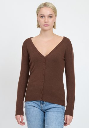 Cardigan marrone a maniche lunghe con scollatura a V e chiusura frontale con bottoni. Realizzato in materiale morbido con polsini e orlo a coste.