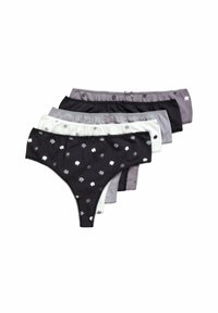 Set van vijf vrouwen katoenen strings in zwart, grijs en wit, met kleine bloemenpatronen, kantafwerking en een zachte elastische tailleband.