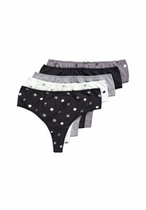 Set van vijf vrouwen katoenen strings in zwart, grijs en wit, met kleine bloemenpatronen, kantafwerking en een zachte elastische tailleband.