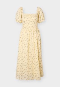 Κίτρινο μίντι φόρεμα με φουσκωτά μανίκια, τετράγωνη λαιμόκοψη, λεπτό λουλουδάτο μοτίβο και σφηκοειδή μέση.