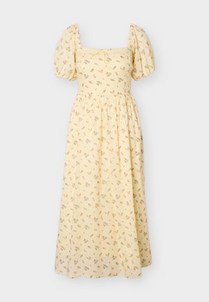 Κίτρινο μίντι φόρεμα με φουσκωτά μανίκια, τετράγωνη λαιμόκοψη, λεπτό λουλουδάτο μοτίβο και σφηκοειδή μέση.