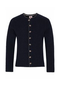 Marineblauwe ribgebreide cardigan met een ronde halslijn en contrasterende bies; heeft acht metalen knopen aan de voorkant voor sluiting.