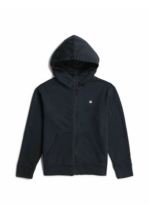 Felpa nera con cappuccio e zip integrale, tasche anteriori, maniche lunghe e piccolo logo bianco sul petto sinistro, distesa su sfondo bianco.