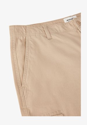 Beżowe bawełniane spodnie o gładkiej fakturze, z przednimi kieszeniami, zamkiem błyskawicznym z zapięciem na guzik oraz subtelnymi detalami w staniu.