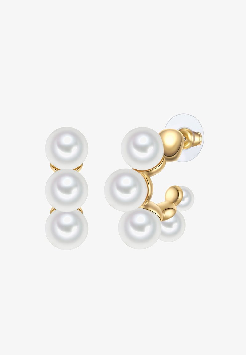 Zlate uhane z три белими biseri, razporejenimi v moderni grozdi zasnovi, ki se ponašajo z sijajno površino in gladko teksturo.