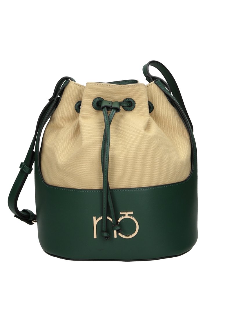 Zielona skórzana torba typu bucket z beżowym płótnem, z zapięciem na sznurek, detalem z logo z przodu i regulowanym paskiem na ramię.