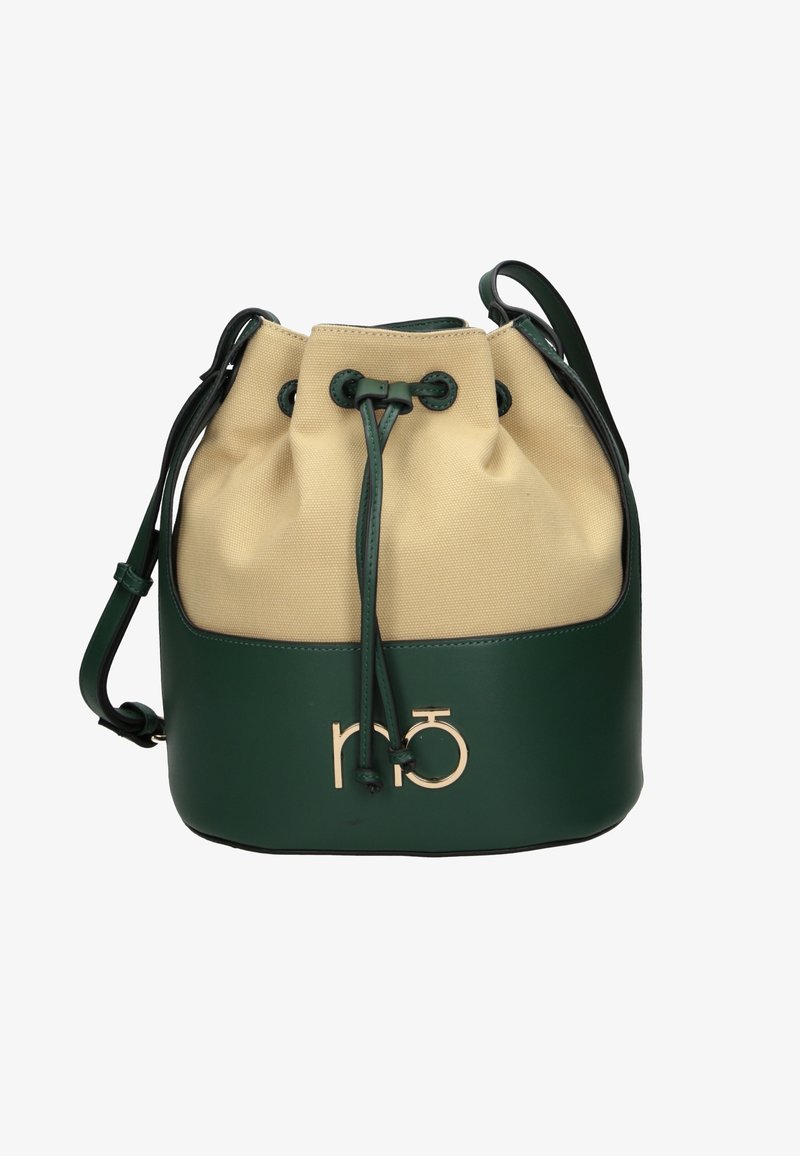 Zielona skórzana torba typu bucket z beżowym płótnem, z zapięciem na sznurek, detalem z logo z przodu i regulowanym paskiem na ramię.