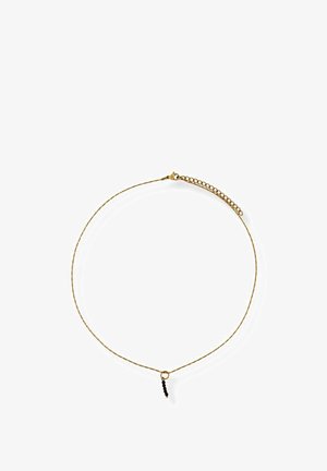 Delikate Goldkette mit kleinem schwarzen Perlenanhänger und verstellbarem Verschluss auf weißem Hintergrund.