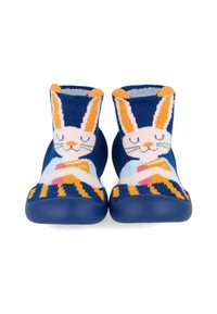 Botas de goma azules con un diseño de tobillo, que cuentan con un colorido patrón de conejos y suelas texturizadas para mayor agarre.