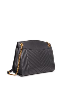 Black leather handbag with a chevron pattern, gold chain strap, and a structured shape. Features a rounded top and a magnetic closure.