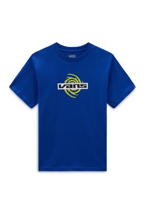 Camiseta azul de manga corta de Vans con cuello redondo y un diseño espiral amarillo detrás del logo de Vans en blanco y negro en el pecho.
