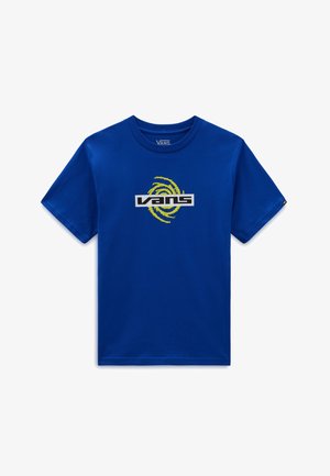 Camiseta azul de manga corta de Vans con cuello redondo y un diseño espiral amarillo detrás del logo de Vans en blanco y negro en el pecho.