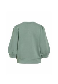 Πράσινο φούτερ με μακριά μανίκια, φουσκωτά μανίκια και εφαρμοστά μανσέτες, εμφανίζεται από πίσω σε λευκό φόντο.