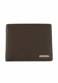 Brown leather wallet with a smooth texture, bi-fold design, and a metal accent displaying the brand name in a rectangular plate.