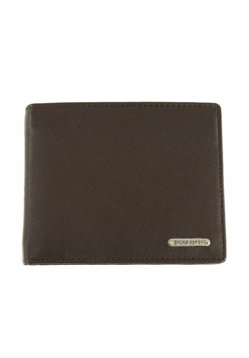 Brown leather wallet with a smooth texture, bi-fold design, and a metal accent displaying the brand name in a rectangular plate.