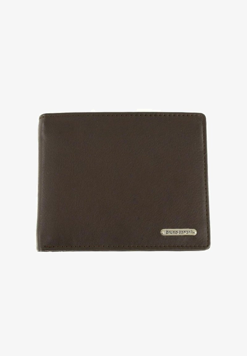 Brown leather wallet with a smooth texture, bi-fold design, and a metal accent displaying the brand name in a rectangular plate.