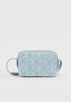 Light blue rectangular bag made of textured fabric with a herringbone pattern and logo accents. Features a zip closure and a top handle.