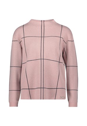 Helles, rosa Sweatshirt mit einem Karomuster aus schwarzen Linien, mit einem hohen Kragen und langen Ärmeln. Hergestellt aus einem glatten, gestrickten Material.