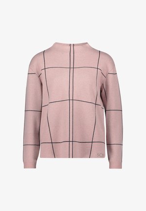 Pull léger rose avec un motif à carreaux en lignes noires, doté d'un col haut et de manches longues. Fabriqué à partir d'un matériau tricoté lisse.