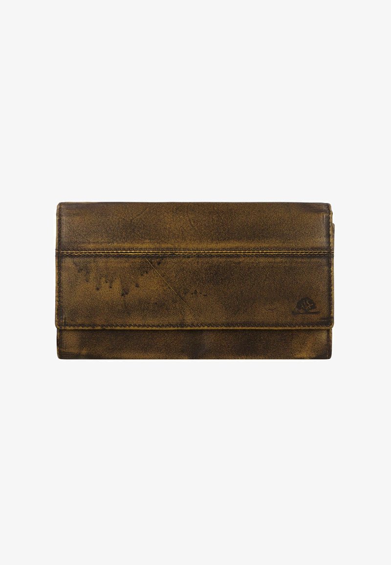Billetera de cuero marrón con una superficie texturizada, diseño plegable, costuras visibles y un pequeño logo en la esquina inferior.