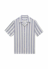 Chemise à manches courtes à rayures verticales bleu clair et crème. Fabriquée dans un tissu tissé avec un col et une fermeture à boutons sur le devant.