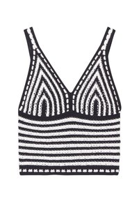 Zwart-wit gestreepte gehaakte crop top met een V-hals en textuurpatronen, afgewerkt met een gescheurde rand aan de onderkant.