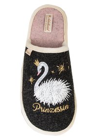 Black felt slipper with a white embroidered swan, gold crown, and stars; features a soft pink insole and cream-colored trim.