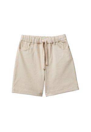Pantaloncini beige fino al ginocchio con vita elasticizzata, coulisse, tasche frontali e piccolo logo ricamato sulla tasca destra.