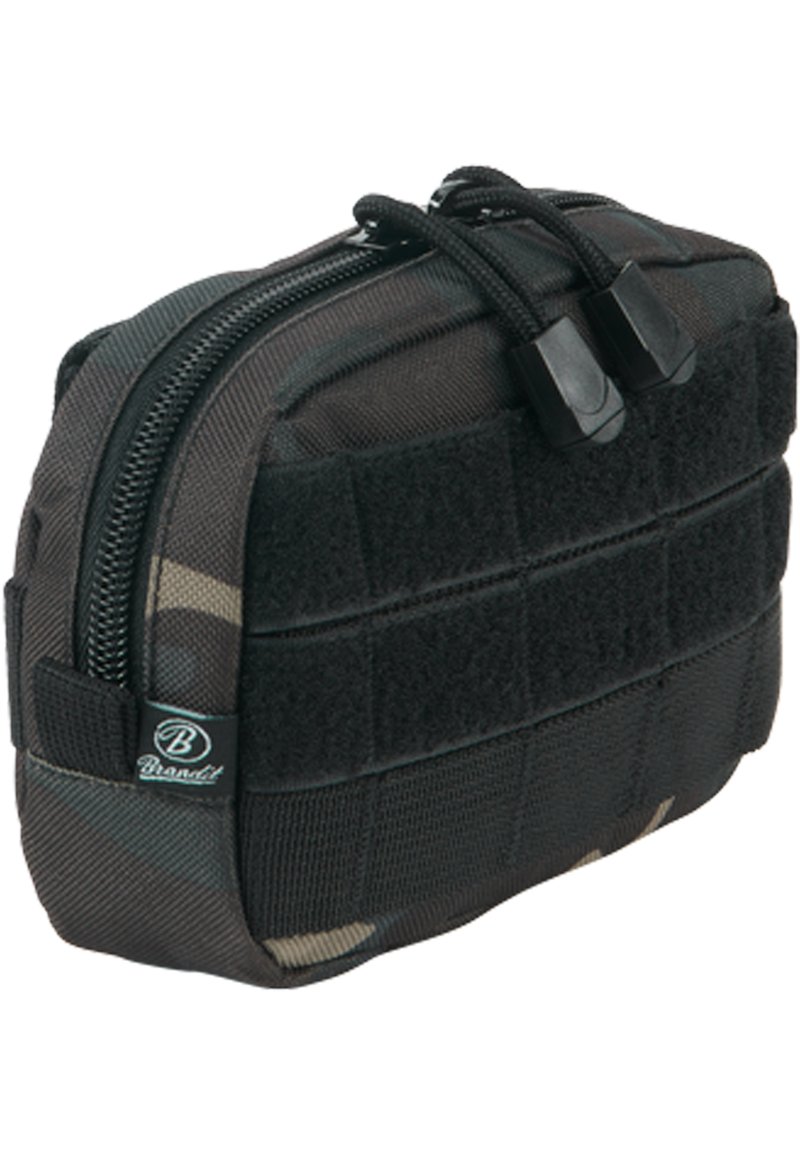 Pochette a zip mimetica nera con tessuto testurizzato, zip rinforzate e striscia in velcro. Presenta un'etichetta con logo sul lato.