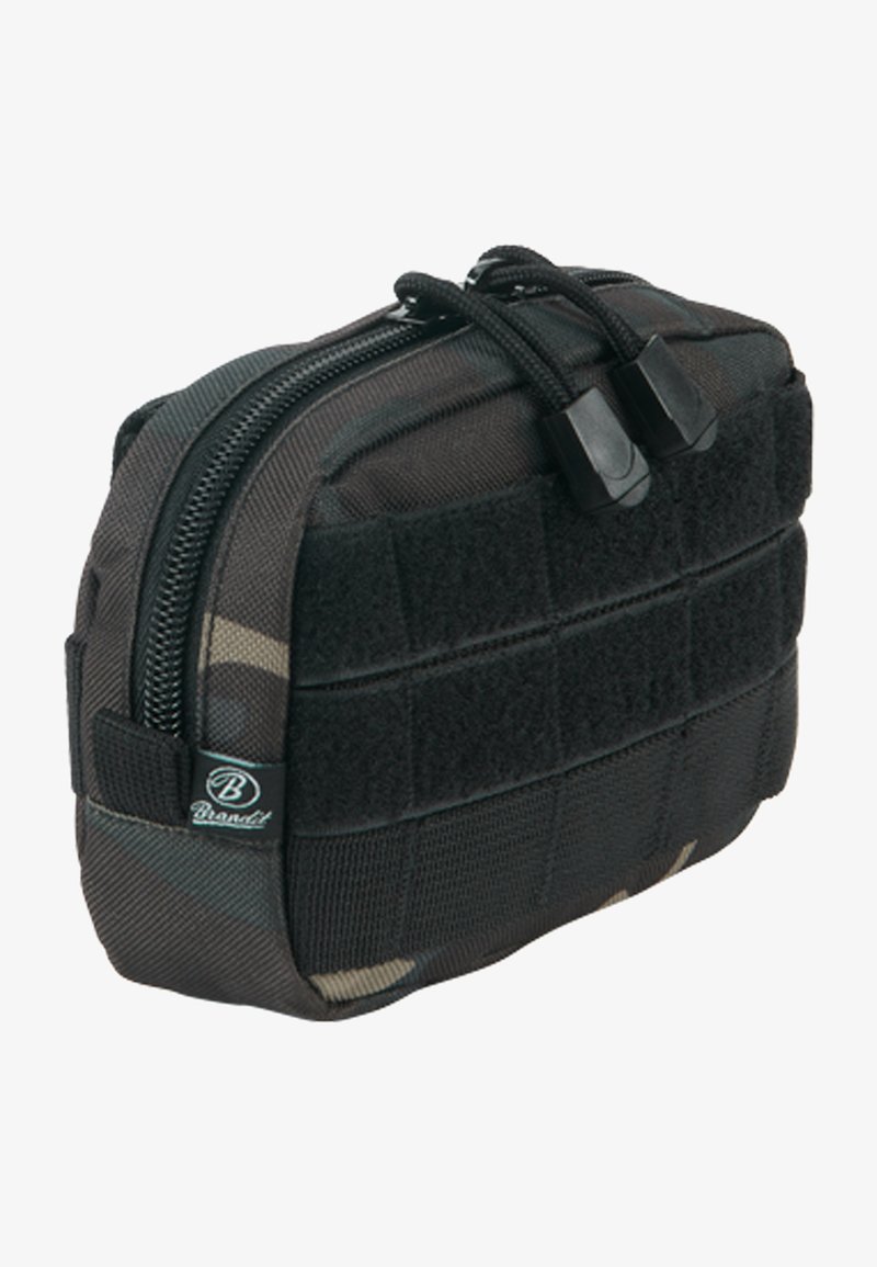 Pochette a zip mimetica nera con tessuto testurizzato, zip rinforzate e striscia in velcro. Presenta un'etichetta con logo sul lato.