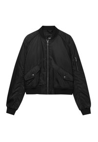 Veste bomber noire courte avec une fermeture éclair à l'avant, des poignets côtelés et deux grandes poches avant. Texture lisse avec un éclat subtil.